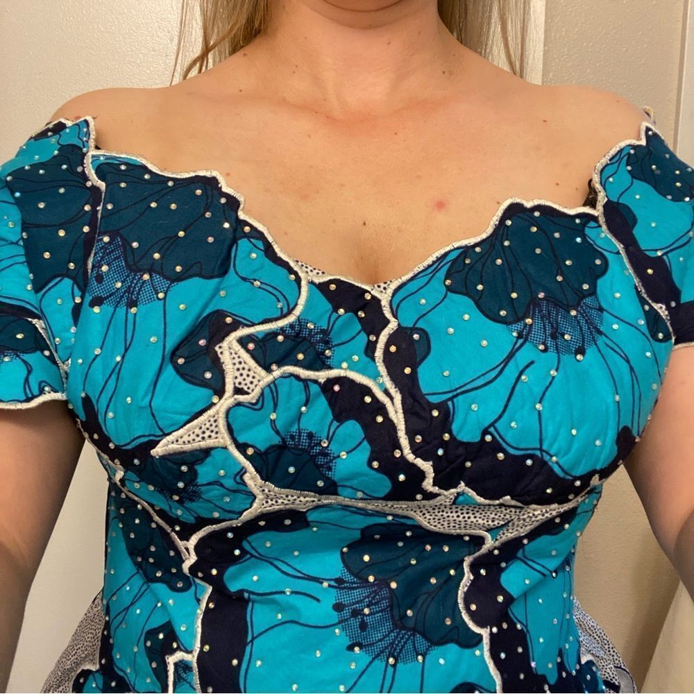 OOAK Custom Blue Floral Rhinestone Rockabilly Pin Up coquette Party Dress 12-14 - Picture 5 of 15